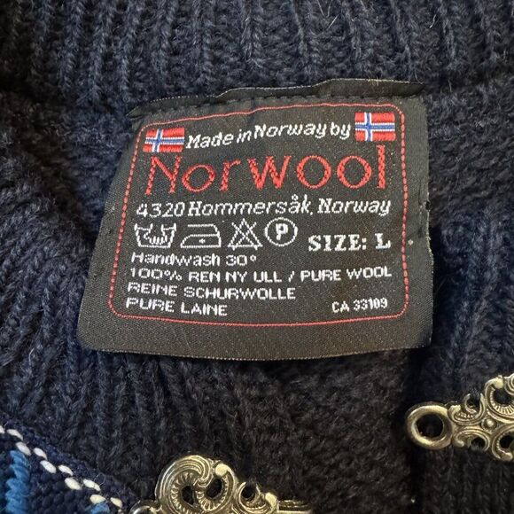 Vintage Norwool Made in Norway Blue Mens Nordic Ski Birdseye Chunky Sweater Sz L - Picture 2 of 5